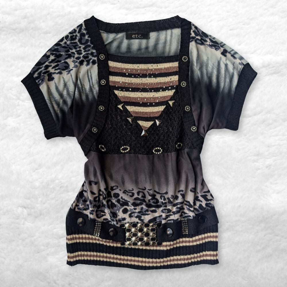 etc. embellished leopard print layered blouse - y2k whimsigoth grunge